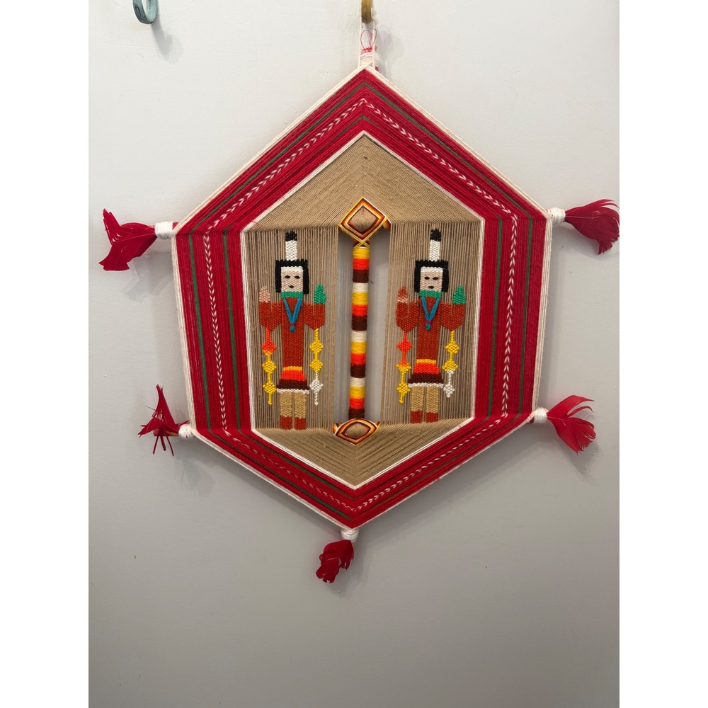 Vintage Navajo-Inspired "God's Eye" Ojo de Dios Woven Figure Wall Hanging 24x20